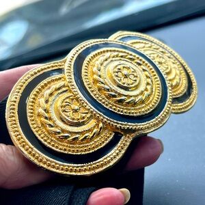 Nan Lewis Vintage Black Stretch Belt (30-42”) W/Gold Swirl 3X 🖤 Medallion Buckle